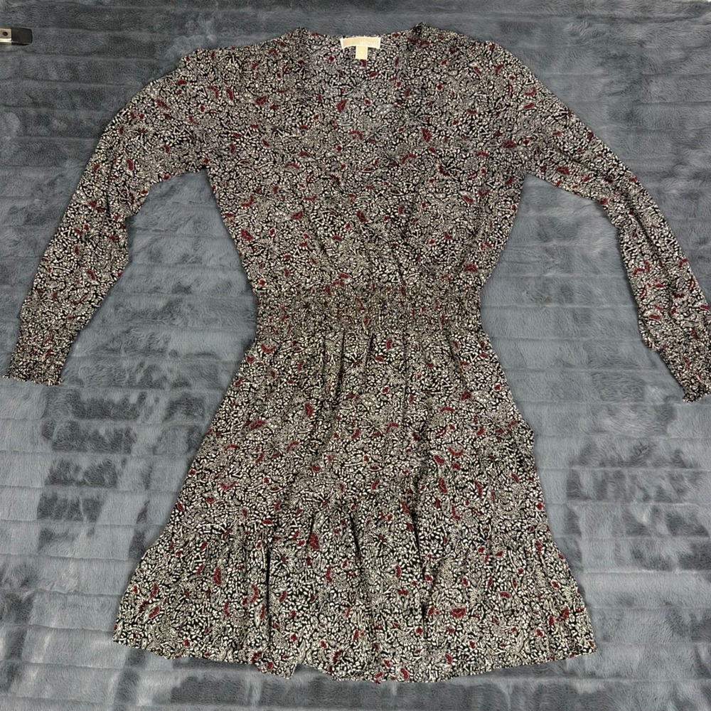 Michael Kors Paisley Floral Smocked Waist Faux Wrap Mini Dress Black Red Size M